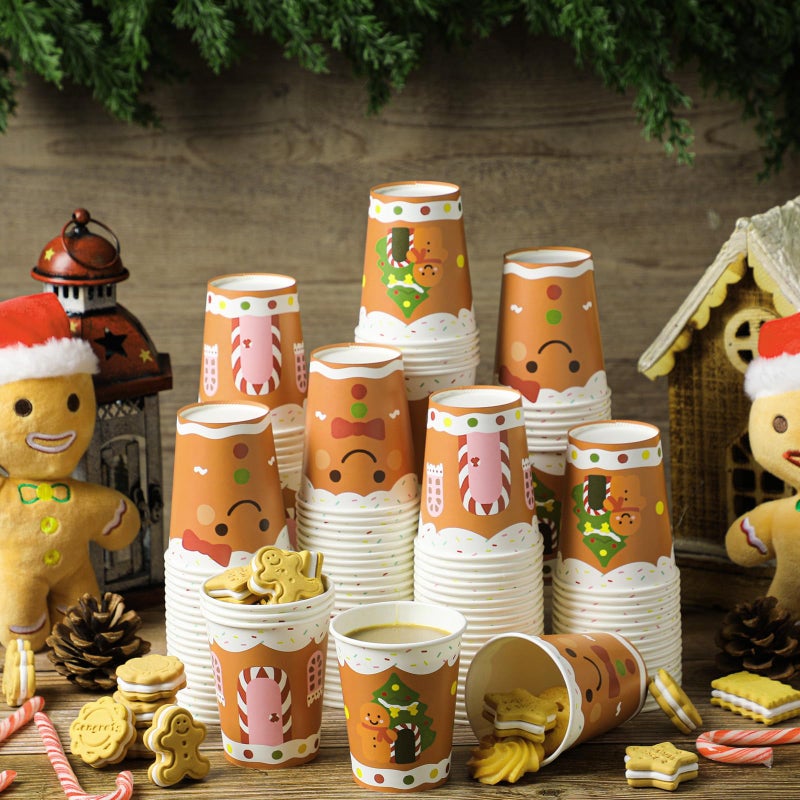 Funtery 100 Pieces Christmas Gingerbread Paper Cups Hot Chocolate Cups Xmas Disposable Coffee Cup Gingerbread Man Christmas Tree Candy Xmas 9 Ounce Drinking Tea Paper for Daily Use Holiday - Image 2